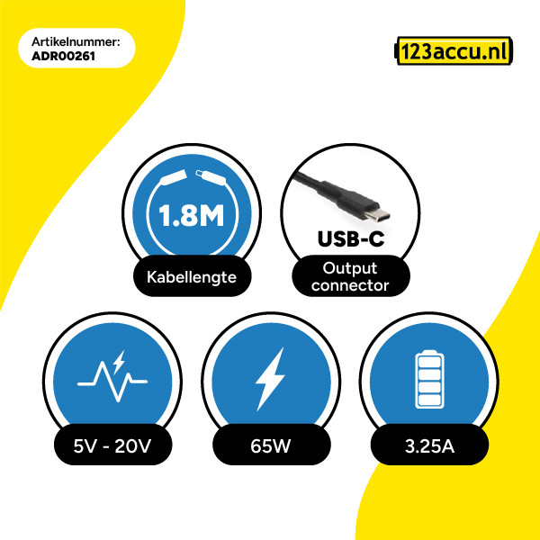 Universele USB-C 65W oplader PD 3.0 (20 V, 3.25 A, 65 W, 123accu huismerk) ADR00261 - 3