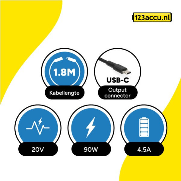 Universele USB-C 90W oplader PD 3.0 (20 V, 4.5 A, 90 W, 123accu huismerk) ACO00481 - 3