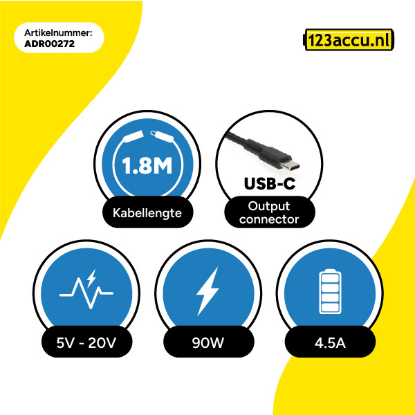 Universele USB-C 90W oplader PD 3.0 (20 V, 4.5 A, 90 W, 123accu huismerk) ADR00272 - 3