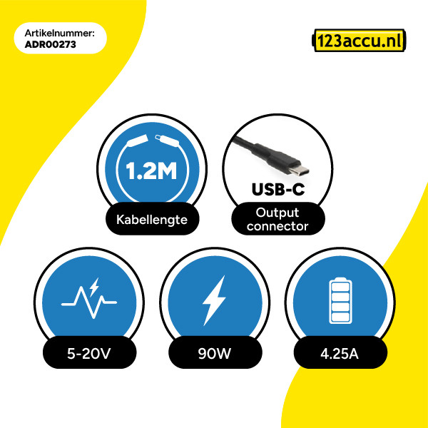 Universele USB-C oplader 90W PD 3.0 (5 V - 20 V, 4.5 A, 90 W, 123accu huismerk) ADR00273 - 3