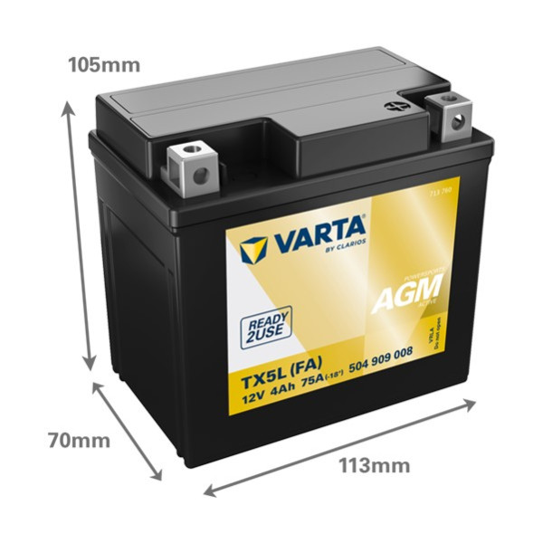 Varta AGM Active 504909008 / YTX5L-BS / 50412 accu (12V, 4Ah, 75A) AVA00314 - 2