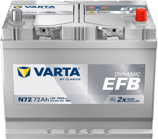 Varta Dynamic EFB N72 / 572 501 076 start-stop accu (12V, 72Ah, 760A) AVA00706 - 1
