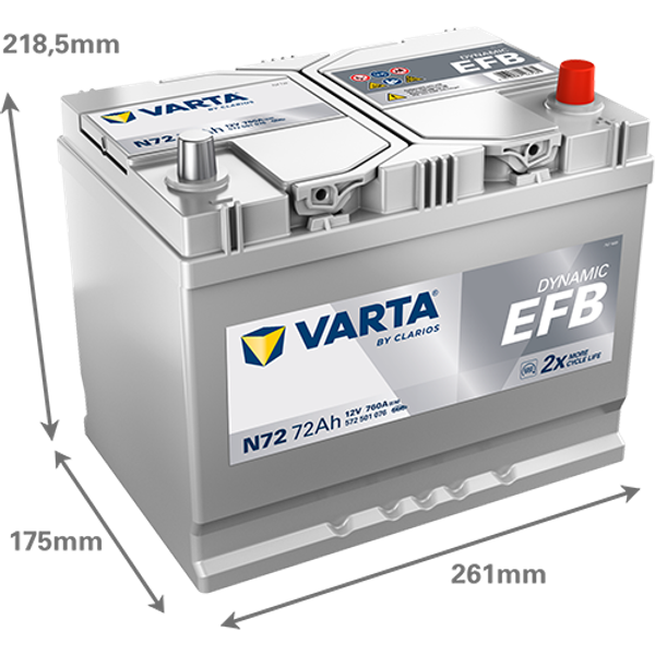 Varta Dynamic EFB N72 / 572 501 076 start-stop accu (12V, 72Ah, 760A) AVA00706 - 2