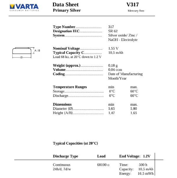 Varta V317 / SR516SW / SR62 zilveroxide knoopcel batterij 1 stuk  AVA00003 - 4