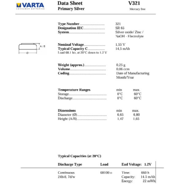 Varta V321 / SR616SW / SR65 zilveroxide knoopcel batterij 1 stuk  AVA00005 - 4