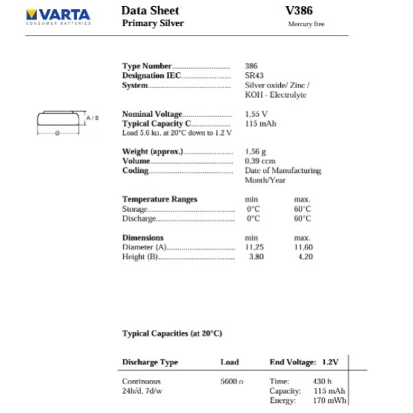 Varta  V386 / SR1142W / SR43 zilveroxide knoopcel batterij 1 stuk  AVA00023 - 4