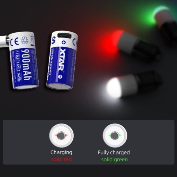 2 stuks XTAR RCR123A / 16340 USB-C oplaadbare lithium batterijen (3.6 V, Li-ion, 900 mAh, 2.7A) AXT00145 - 3