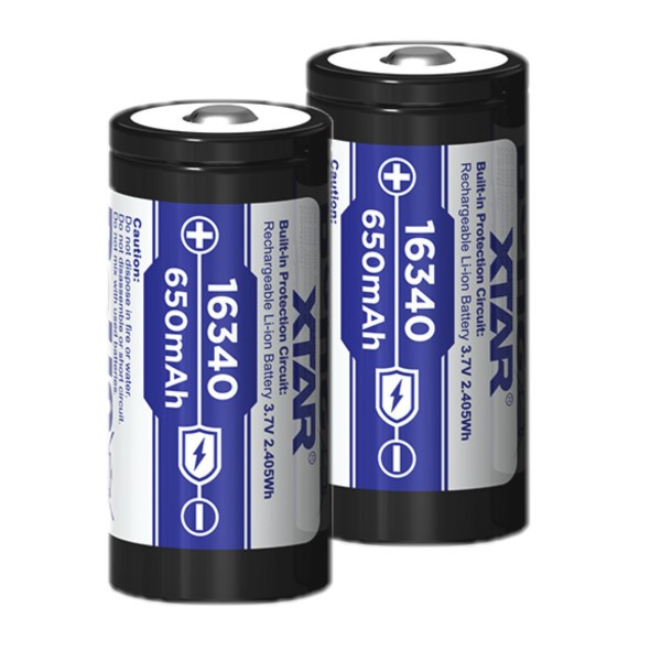 2 stuks XTAR RCR123A / 16340 oplaadbare lithium batterijen (3.7 V, Li-ion, 650 mAh, 1.95A) AXT00050 - 1