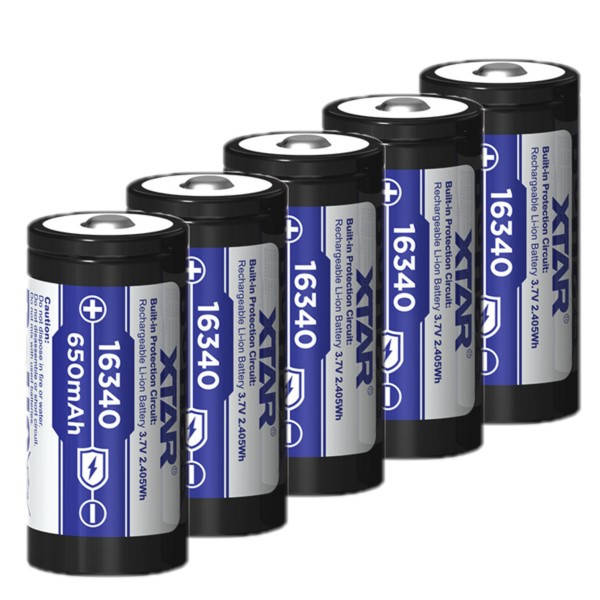 5 stuks XTAR RCR123A / 16340 oplaadbare lithium batterijen (3.7 V, Li-ion, 650 mAh, 1.95A) AXT00051 - 1